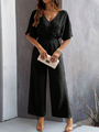 Supreme short-sleeved solid color temperament casual wide-leg jumpsuit