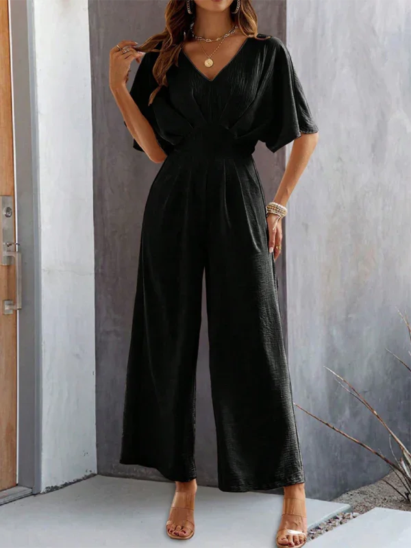Supreme short-sleeved solid color temperament casual wide-leg jumpsuit