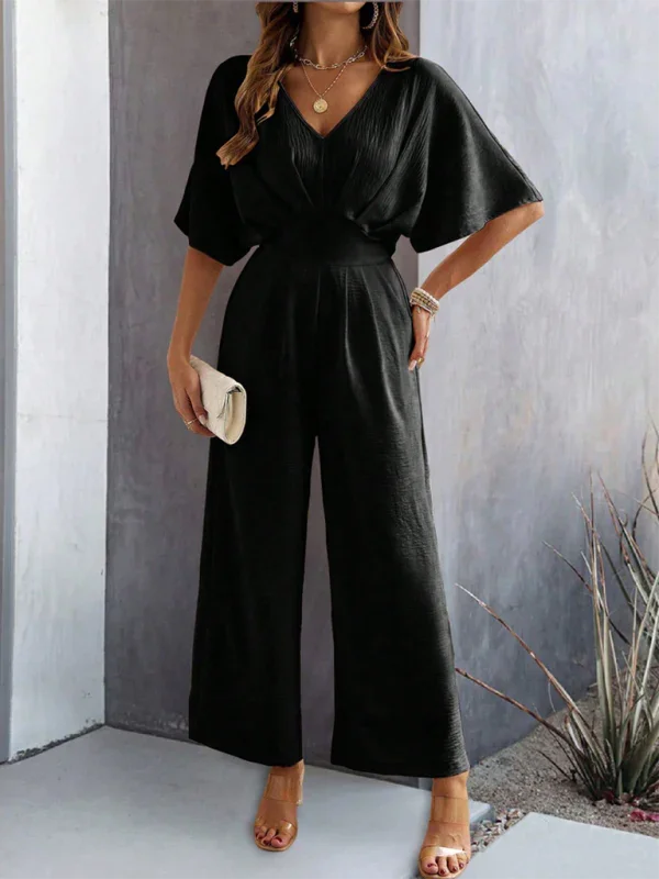 Supreme short-sleeved solid color temperament casual wide-leg jumpsuit