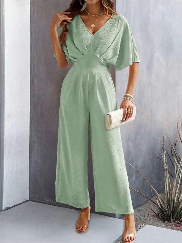 Supreme short-sleeved solid color temperament casual wide-leg jumpsuit