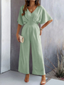 Supreme short-sleeved solid color temperament casual wide-leg jumpsuit