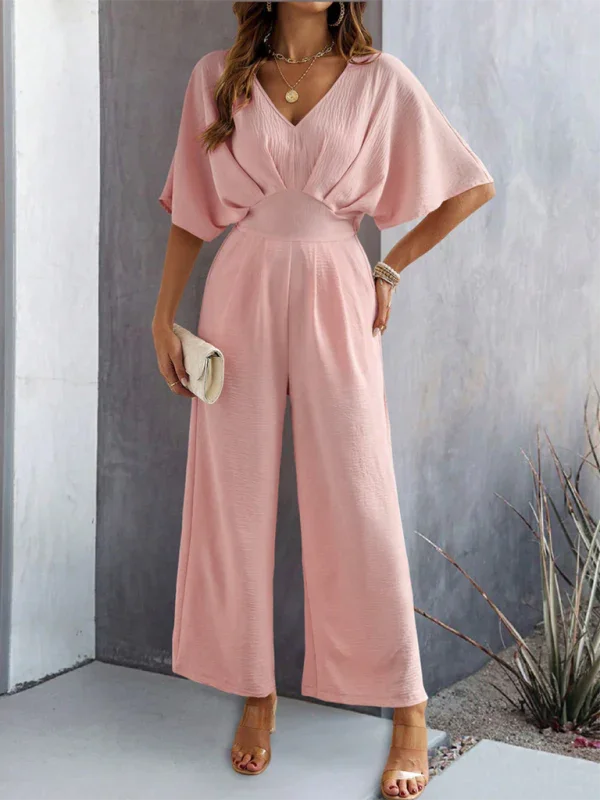 Supreme short-sleeved solid color temperament casual wide-leg jumpsuit