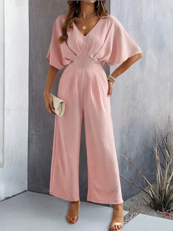 Supreme short-sleeved solid color temperament casual wide-leg jumpsuit