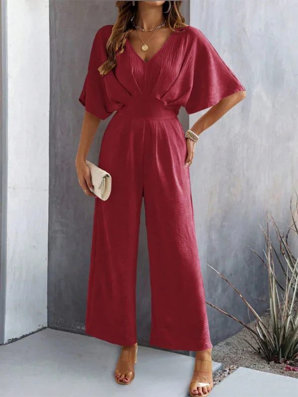 Supreme short-sleeved solid color temperament casual wide-leg jumpsuit