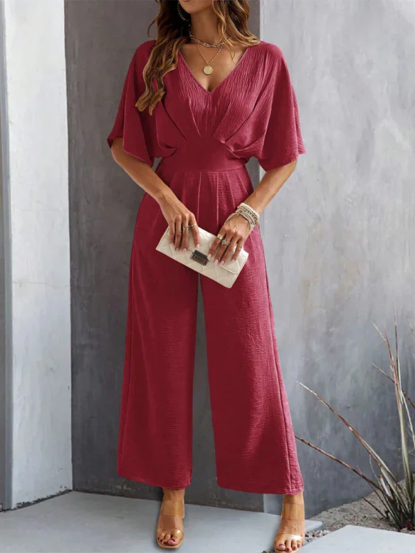 Supreme short-sleeved solid color temperament casual wide-leg jumpsuit