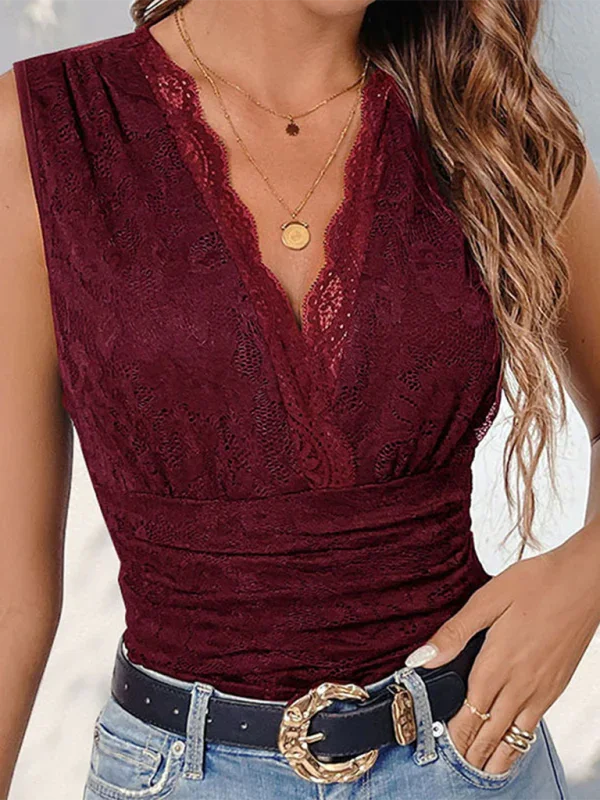 Sacker Sleeveless Lace Splicing Bodysuit Sexy Slim V-neck Bodysuit