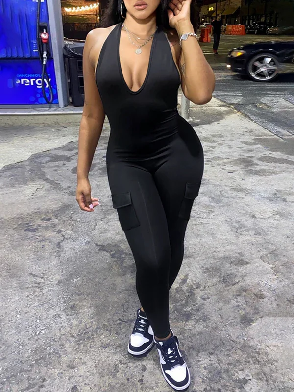 Lorena sexy backless halter neck V-neck with pockets hip-lifting sports jumpsuit