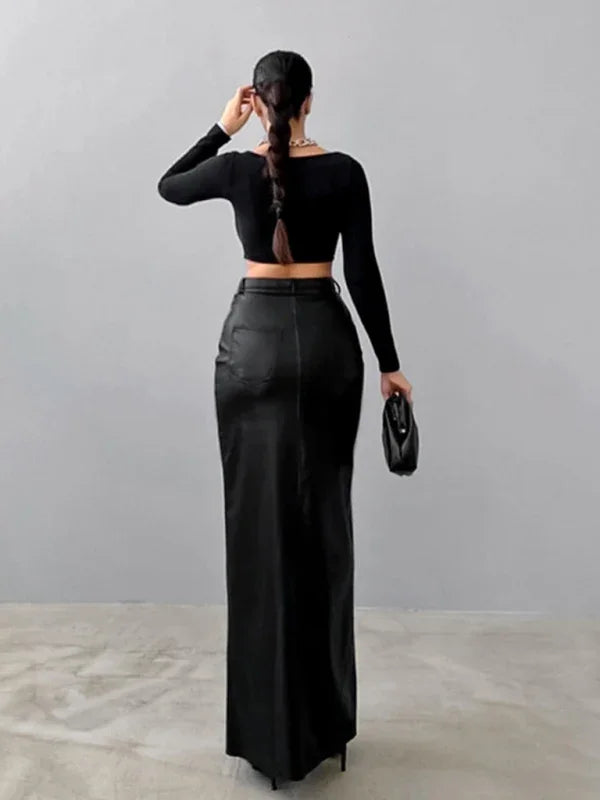 Holly Slit Solid Color High Waist Simple Leather Slim Skirt