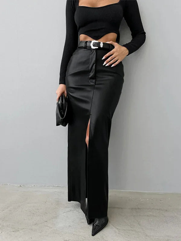 Holly Slit Solid Color High Waist Simple Leather Slim Skirt