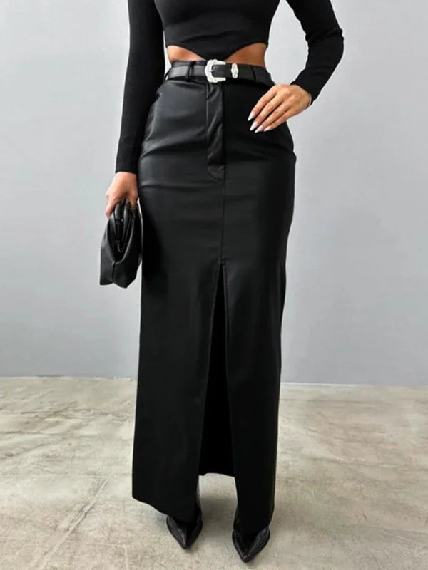 Holly Slit Solid Color High Waist Simple Leather Slim Skirt