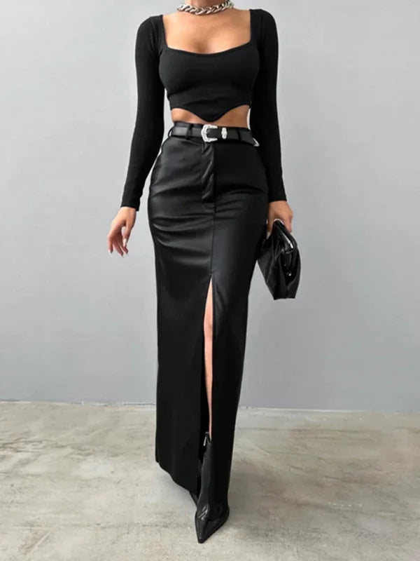 Holly Slit Solid Color High Waist Simple Leather Slim Skirt