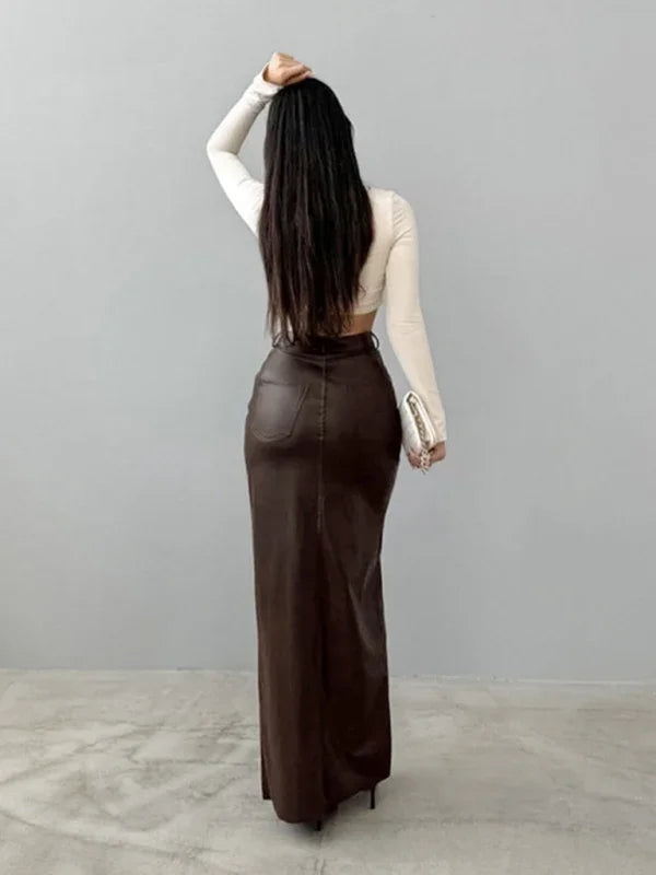 Holly Slit Solid Color High Waist Simple Leather Slim Skirt