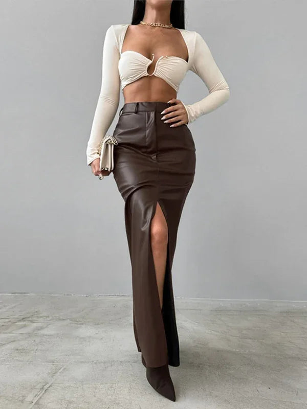 Holly Slit Solid Color High Waist Simple Leather Slim Skirt