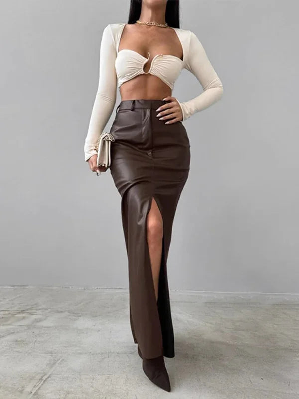 Holly Slit Solid Color High Waist Simple Leather Slim Skirt