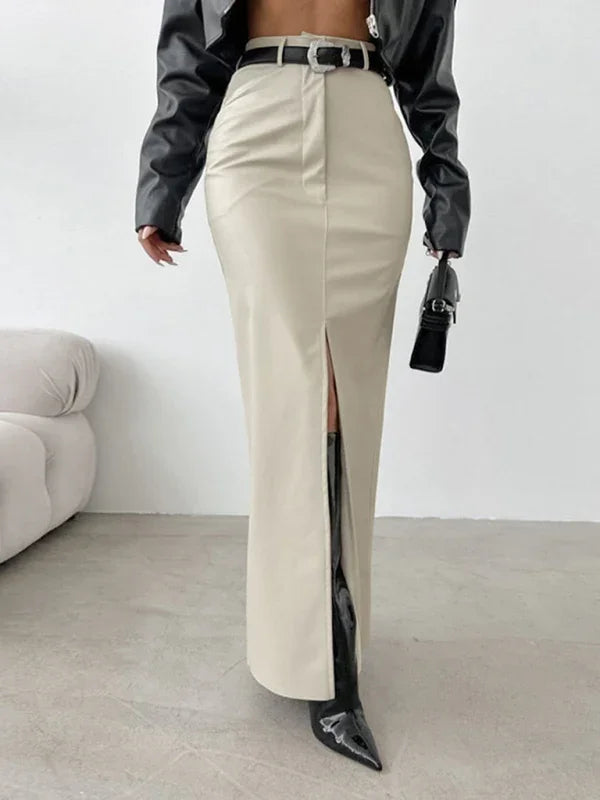 Holly Slit Solid Color High Waist Simple Leather Slim Skirt