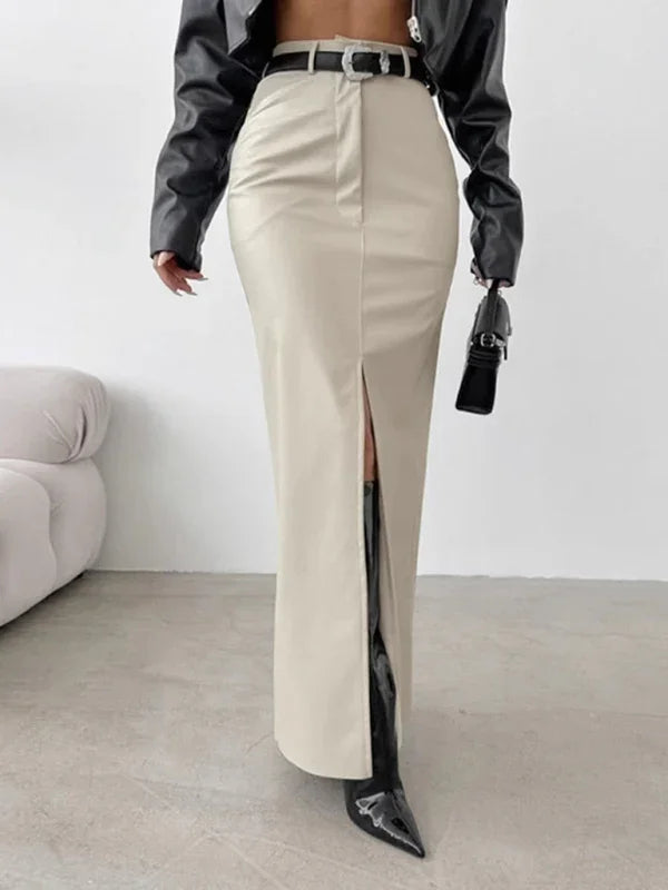 Holly Slit Solid Color High Waist Simple Leather Slim Skirt