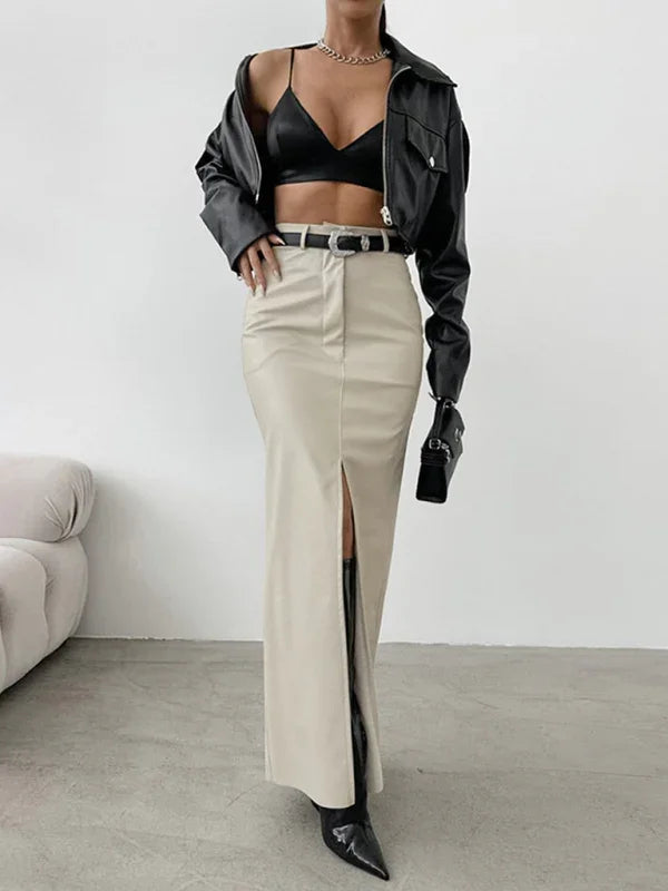 Holly Slit Solid Color High Waist Simple Leather Slim Skirt