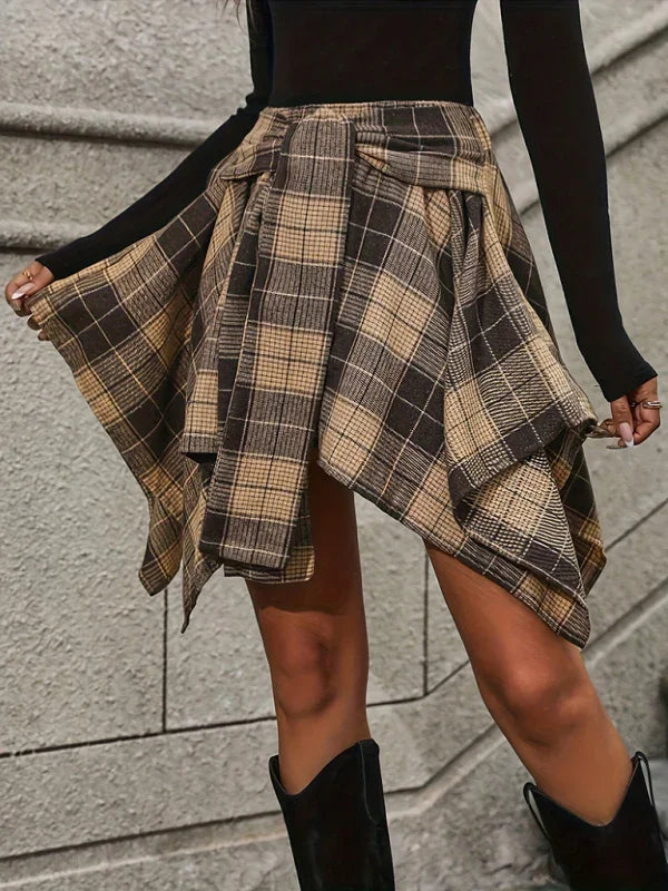 Yuleiny Fashion irregular plaid sleeve fake shirt skirt