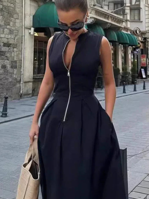 Amsterdam Sleeveless V-Neck Casual Temperament Waist Zipper Neck Dress