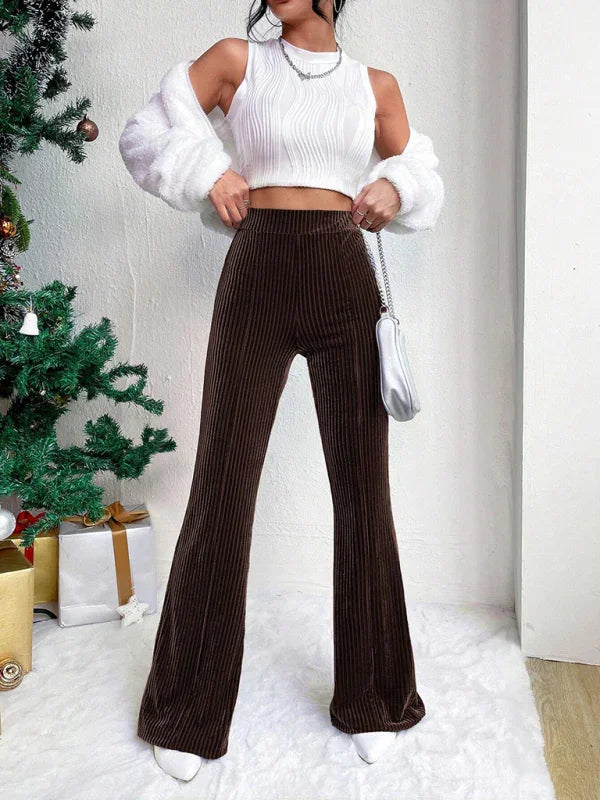Vegna high waist corduroy flared pants solid color casual wide leg long sweatpants