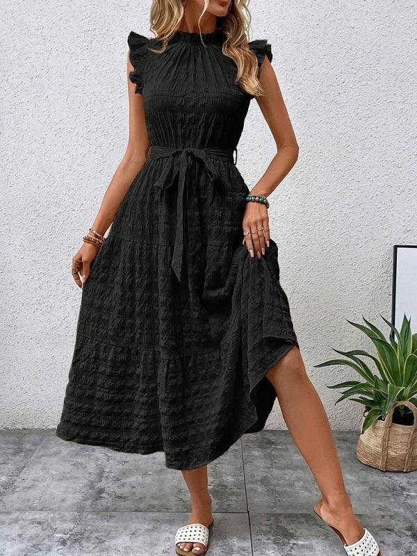 Gloversville Fashion Ruffled Flying Sleeve Lace-up Textured Dress