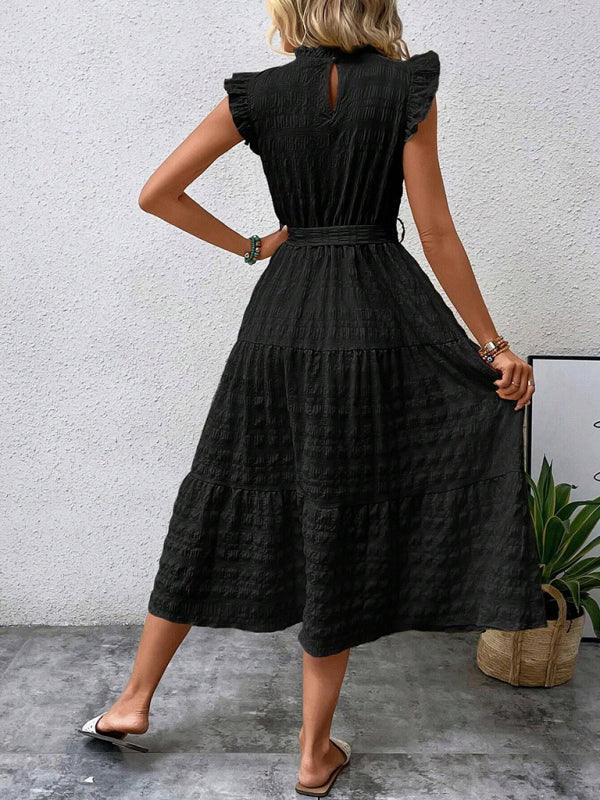 Gloversville Fashion Ruffled Flying Sleeve Lace-up Textured Dress