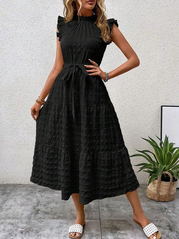 Gloversville Fashion Ruffled Flying Sleeve Lace-up Textured Dress