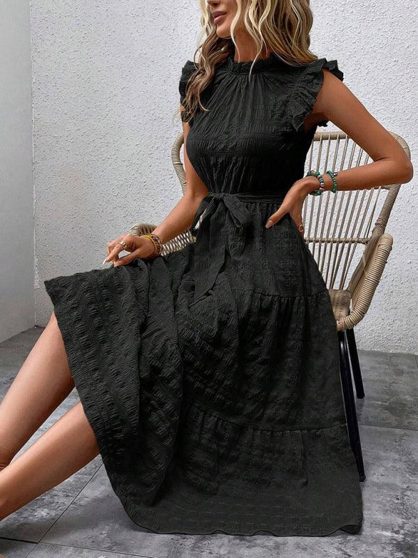 Gloversville Fashion Ruffled Flying Sleeve Lace-up Textured Dress