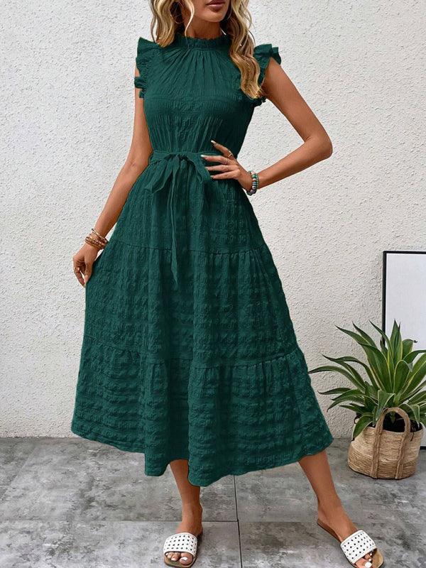 Gloversville Fashion Ruffled Flying Sleeve Lace-up Textured Dress