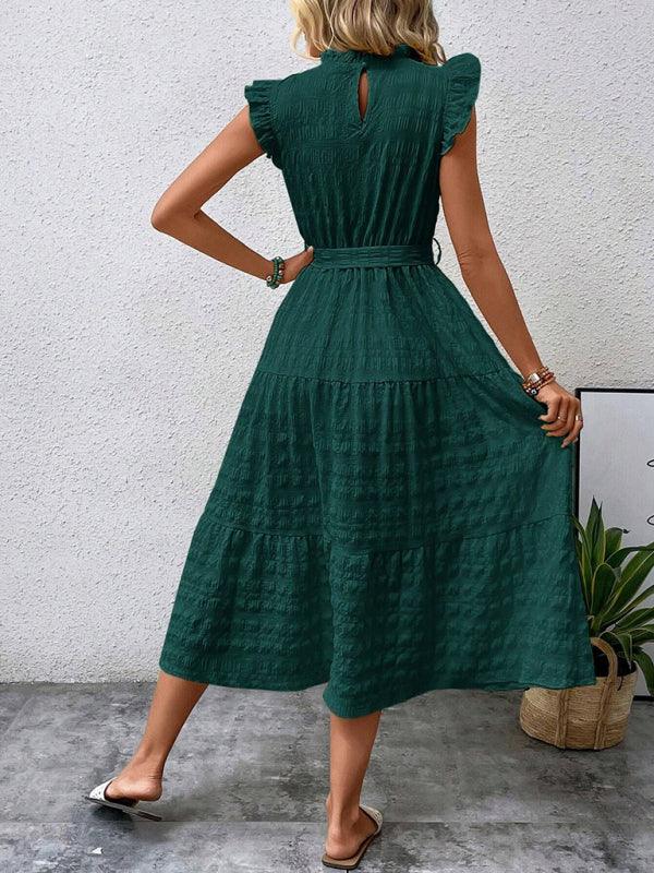 Gloversville Fashion Ruffled Flying Sleeve Lace-up Textured Dress