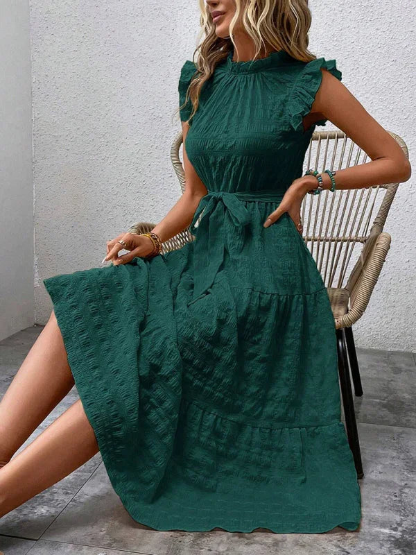 Gloversville Fashion Ruffled Flying Sleeve Lace-up Textured Dress
