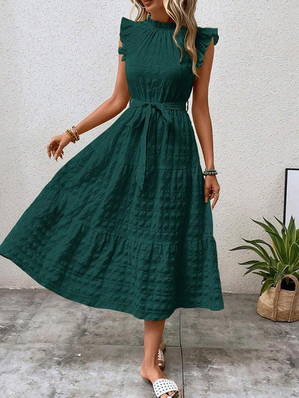 Gloversville Fashion Ruffled Flying Sleeve Lace-up Textured Dress