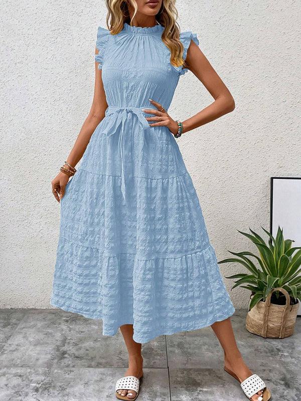 Gloversville Fashion Ruffled Flying Sleeve Lace-up Textured Dress