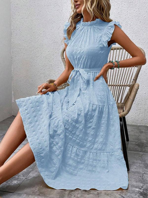 Gloversville Fashion Ruffled Flying Sleeve Lace-up Textured Dress