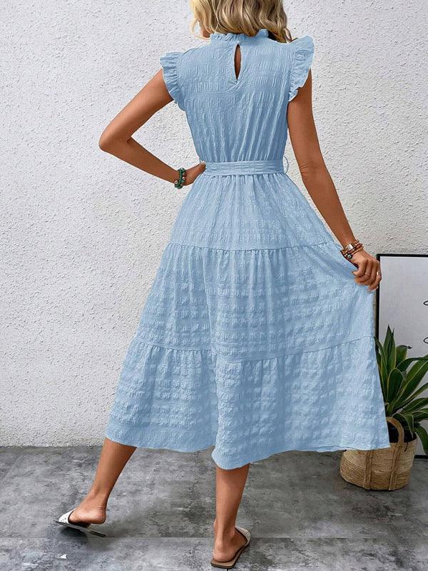 Gloversville Fashion Ruffled Flying Sleeve Lace-up Textured Dress