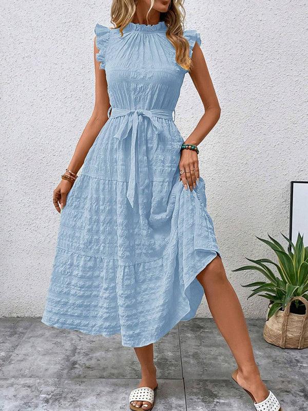 Gloversville Fashion Ruffled Flying Sleeve Lace-up Textured Dress