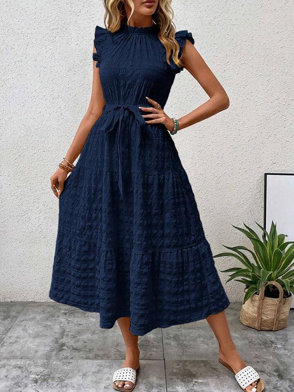 Gloversville Fashion Ruffled Flying Sleeve Lace-up Textured Dress
