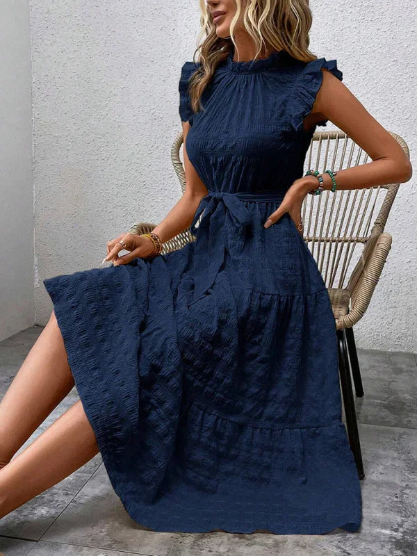 Gloversville Fashion Ruffled Flying Sleeve Lace-up Textured Dress
