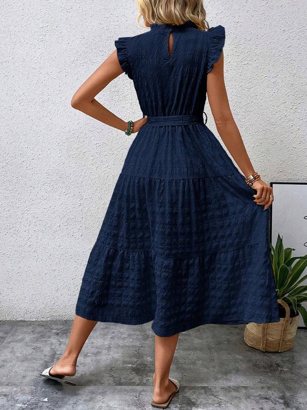 Gloversville Fashion Ruffled Flying Sleeve Lace-up Textured Dress