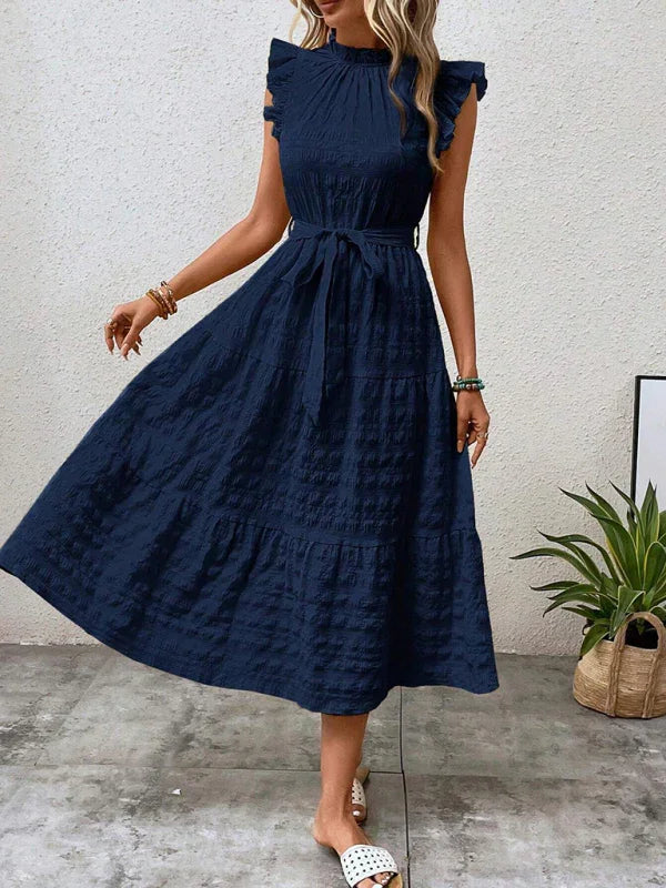 Gloversville Fashion Ruffled Flying Sleeve Lace-up Textured Dress