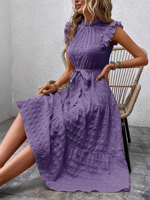 Gloversville Fashion Ruffled Flying Sleeve Lace-up Textured Dress