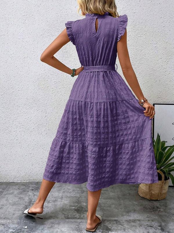 Gloversville Fashion Ruffled Flying Sleeve Lace-up Textured Dress