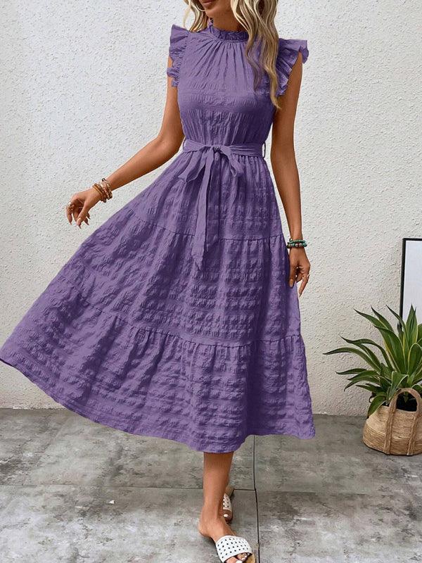 Gloversville Fashion Ruffled Flying Sleeve Lace-up Textured Dress