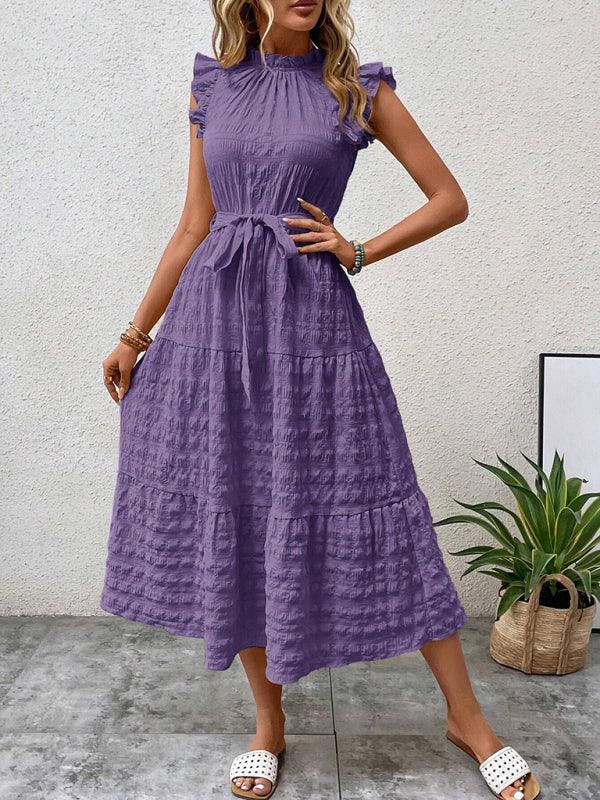Gloversville Fashion Ruffled Flying Sleeve Lace-up Textured Dress