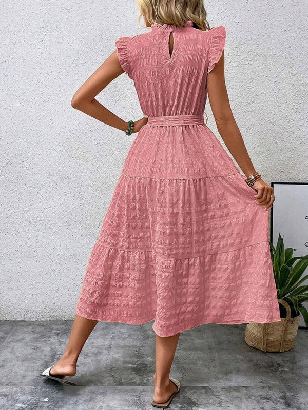Gloversville Fashion Ruffled Flying Sleeve Lace-up Textured Dress