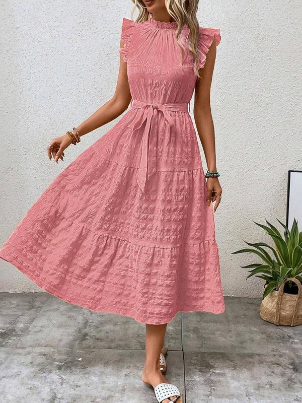 Gloversville Fashion Ruffled Flying Sleeve Lace-up Textured Dress