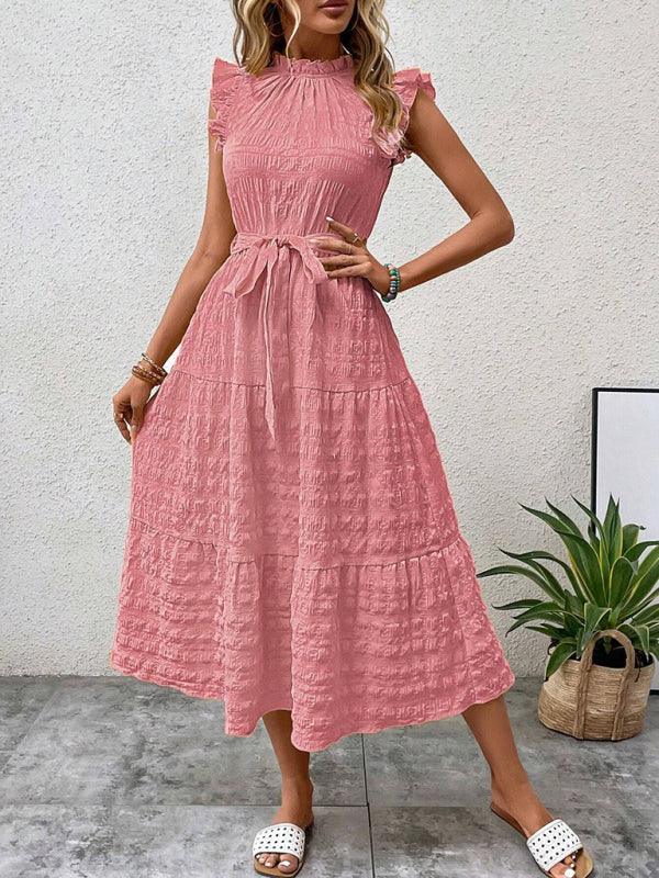 Gloversville Fashion Ruffled Flying Sleeve Lace-up Textured Dress