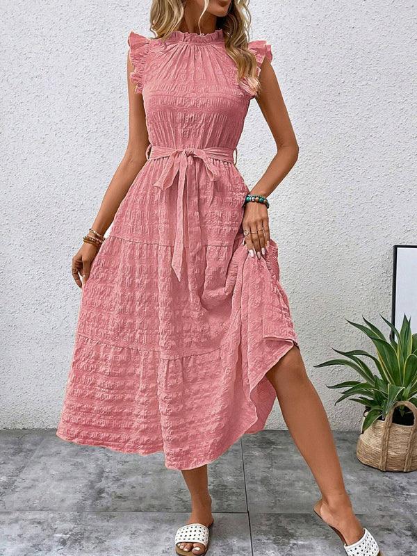 Gloversville Fashion Ruffled Flying Sleeve Lace-up Textured Dress
