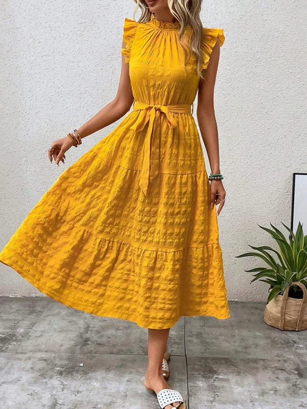 Gloversville Fashion Ruffled Flying Sleeve Lace-up Textured Dress