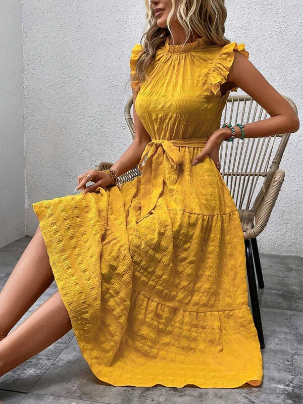 Gloversville Fashion Ruffled Flying Sleeve Lace-up Textured Dress